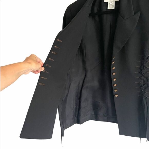 (SOLD) MARIOLA MAYER Black Vintage Wool Blazer Brown Lace Up Detail 12 - Picture 4 of 9
